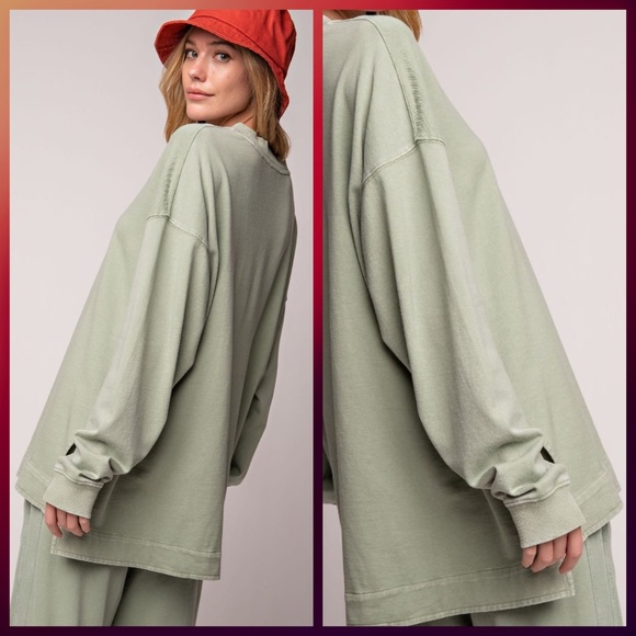 EASEL "So Comfy" Mineral Washed Tunic Top in Sage Statement Side Slits Crew Neck - Picture 2 of 14
